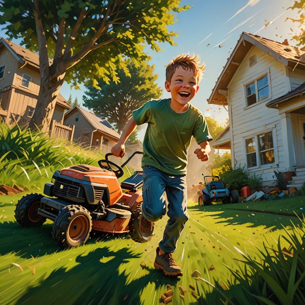 Boy Chasing Lawnmower in Digital Painting Style