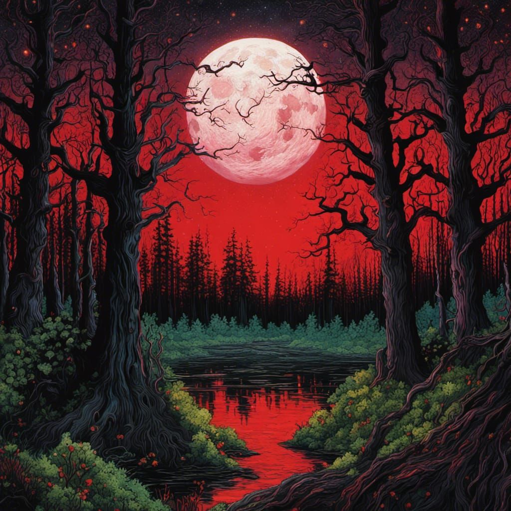 Eldritch Gothic Forest under Red Moon, detailed Matte Painti...