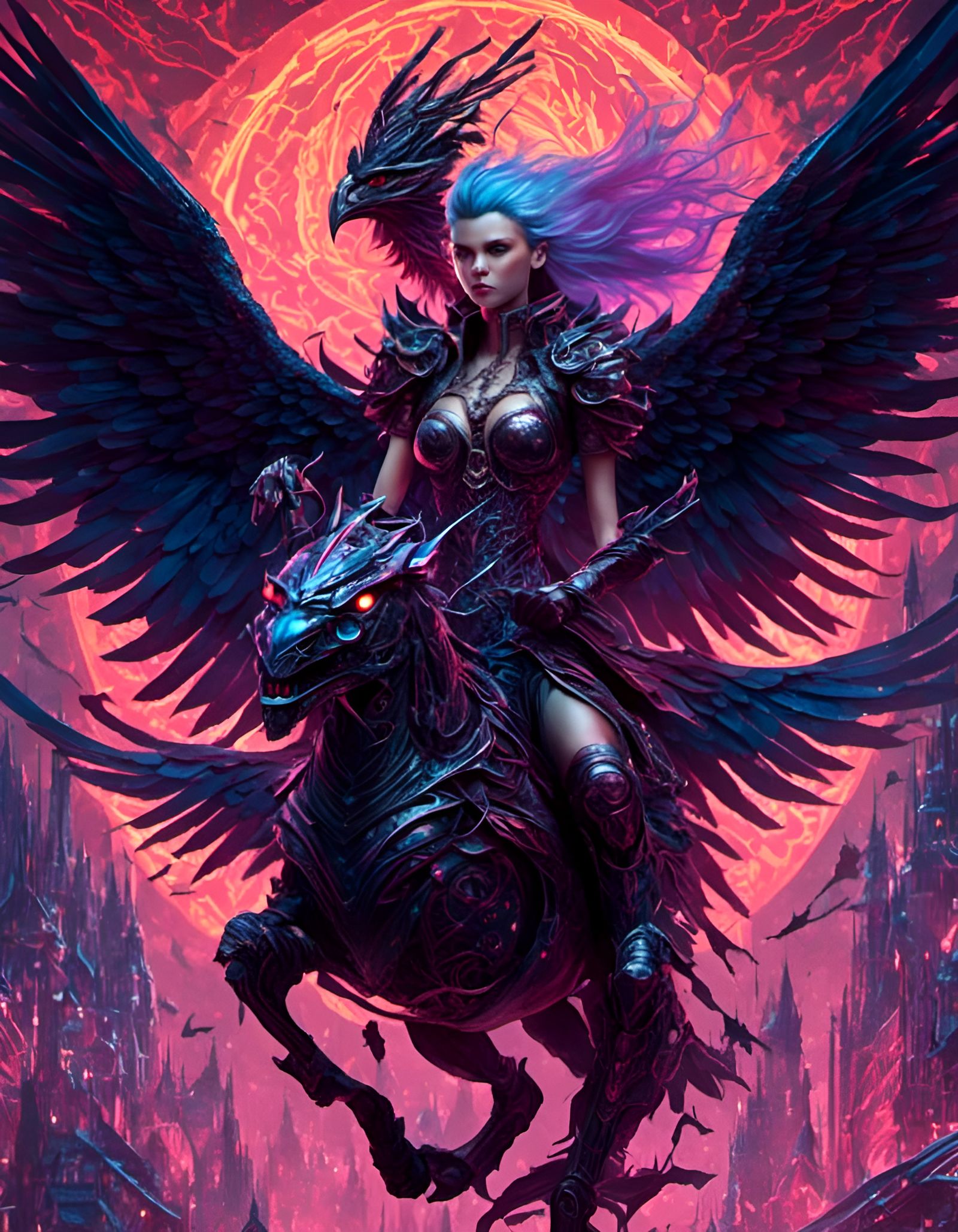 <lora:Dark fantasy:1.0> <lora:NC Hyperreal:1.0> Large anodized raven with dragon wings being rode by a beautiful cyber p...