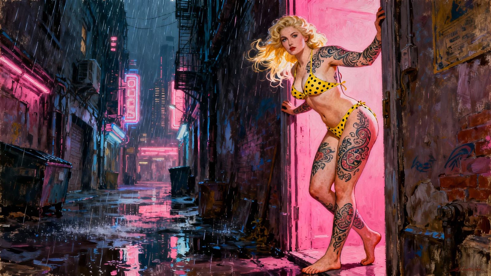 Victorian Woman in Neon Alleyway Oil Painting