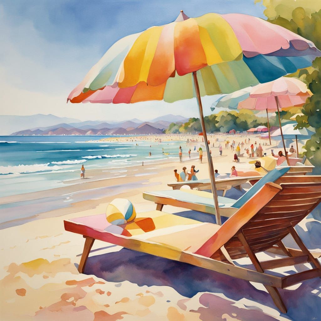 Vibrant Watercolor Beach Scene with Sunbathers and Colorful ...