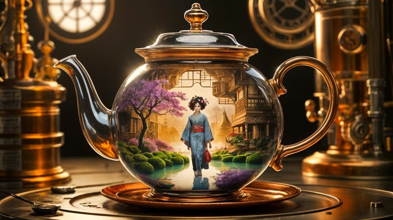 Surreal Steampunk Geisha in a Dreamy Oasis