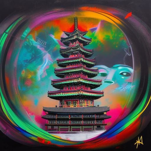 Japanese Queen in Obsidian Rings as Graffiti Art