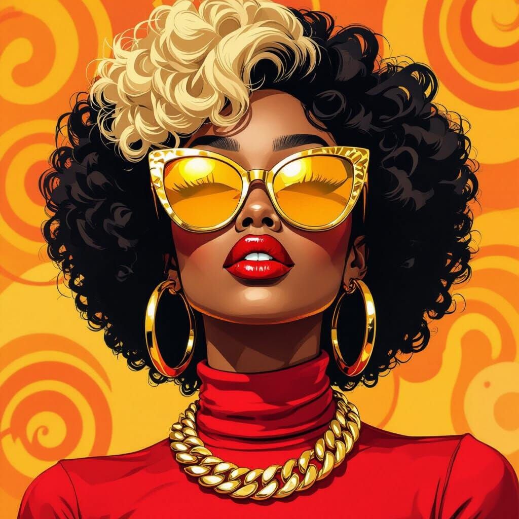 Afrofuturist Woman with Gold Sunglasses in Chiaroscuro