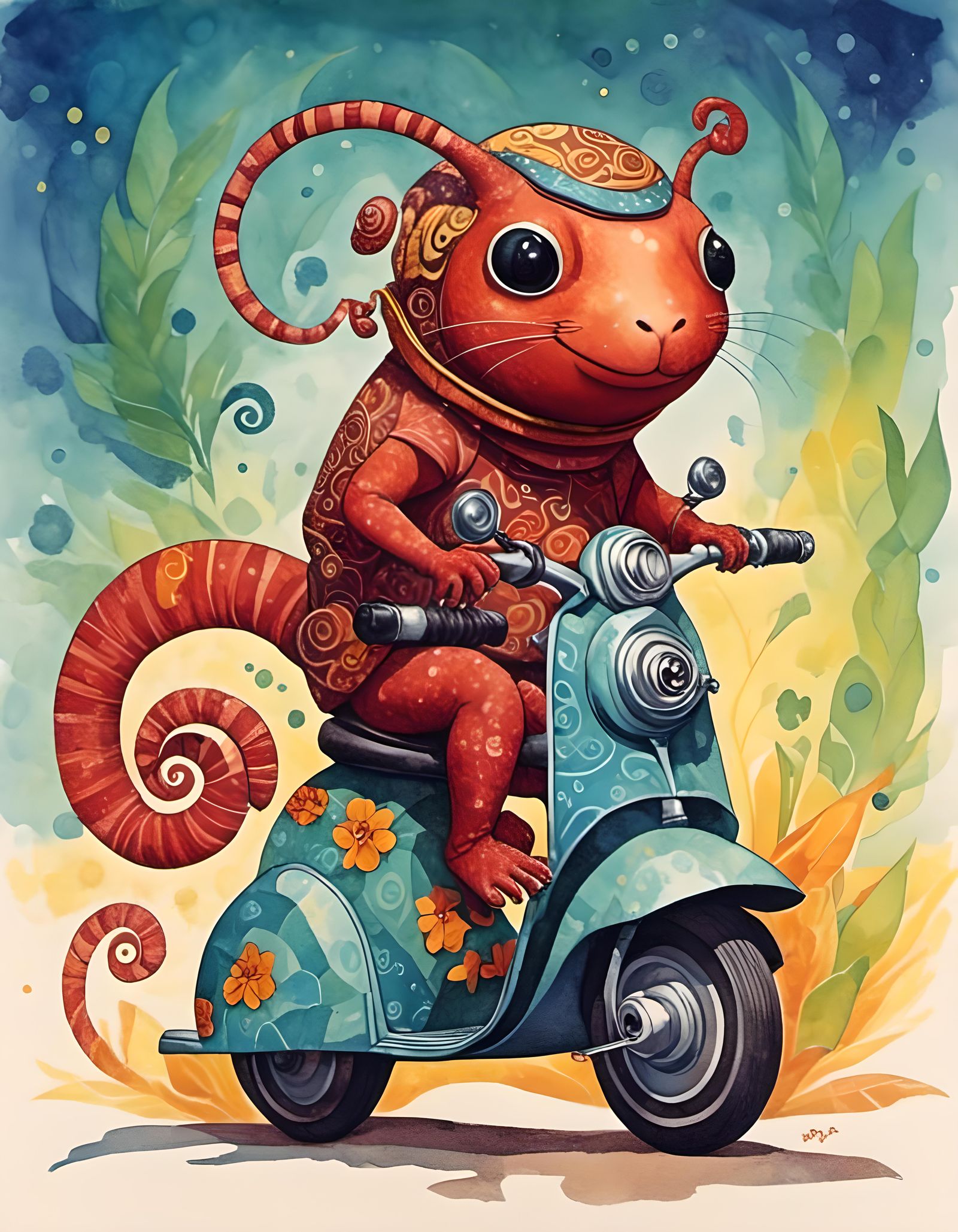 Gecko on Scooter in Whimsical Cubism Style