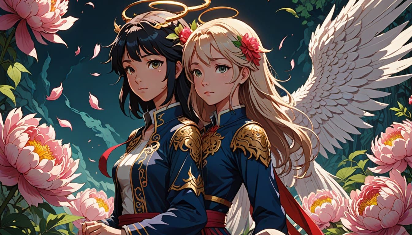 Anime Angel and Girl with Peony Dragon