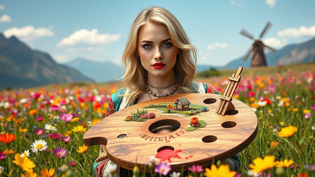 Vibrant Virgo Woman in Whimsical Wildflower Landscape