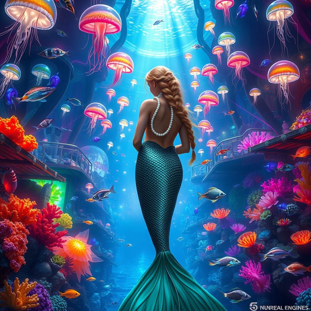 Mermaid Amidst Glowing Jellyfish and Bioluminescent Corals i...
