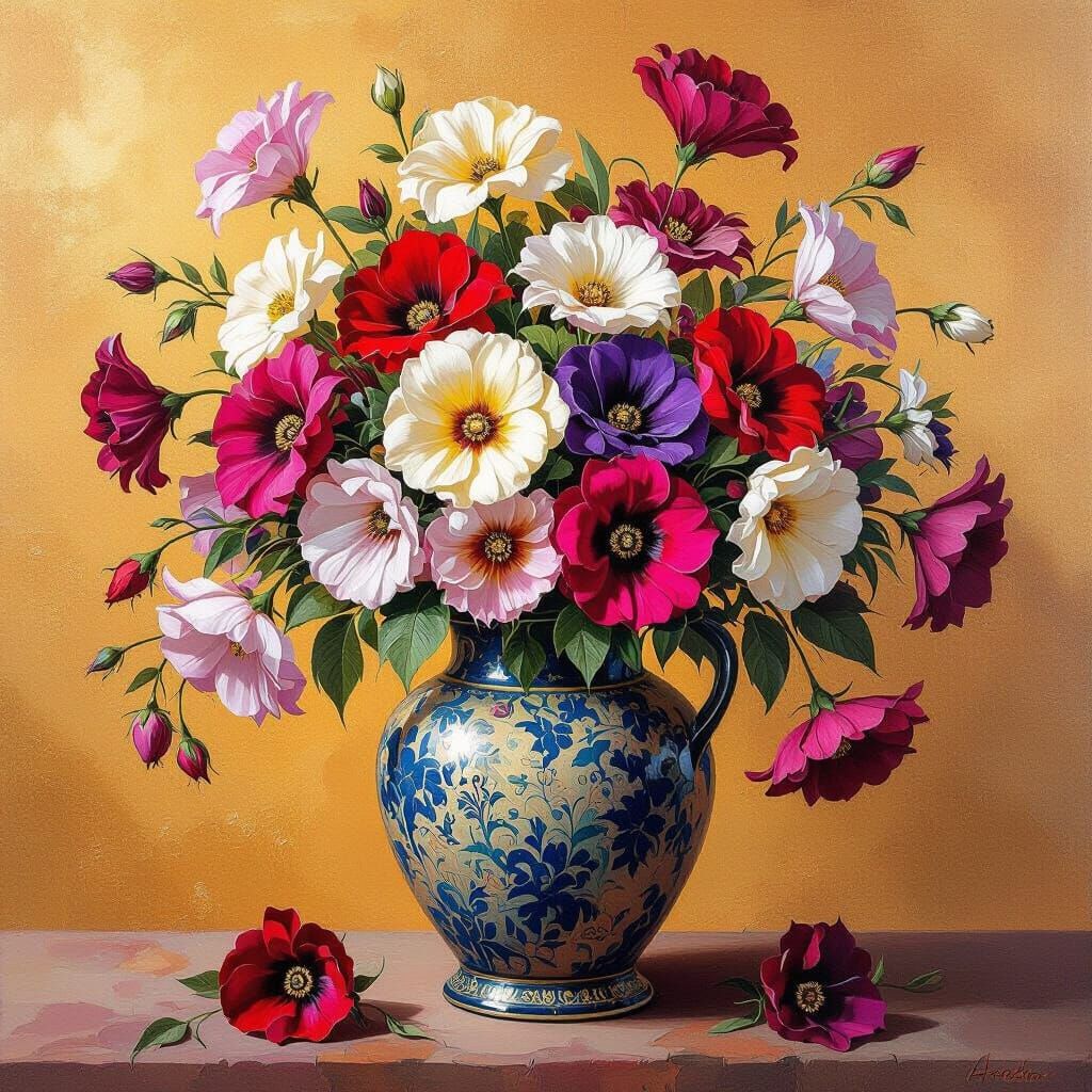Vase with Flowers as Impasto Oil Painting