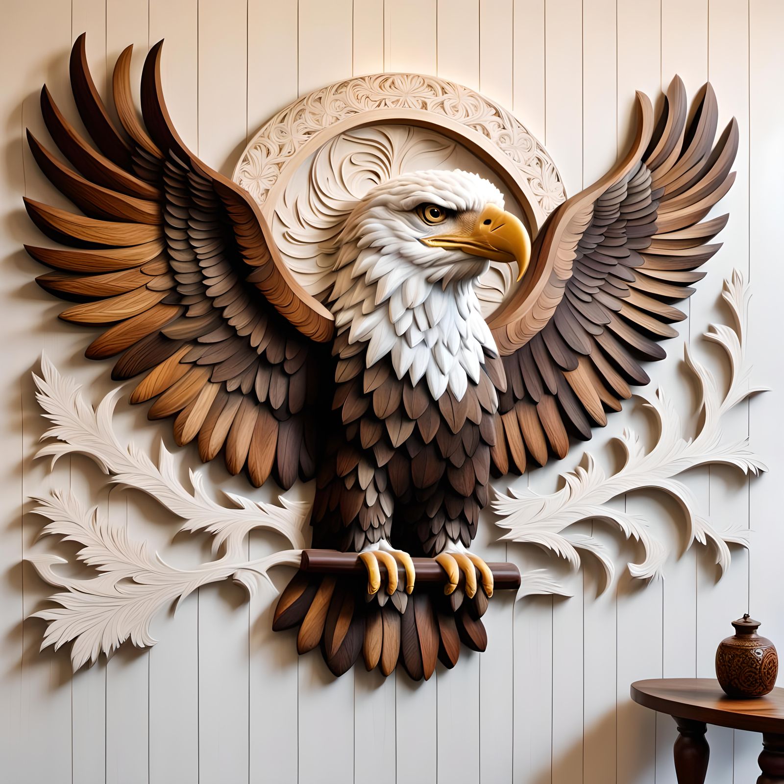 Relief Carved Wood Panel of a Bald Eagle