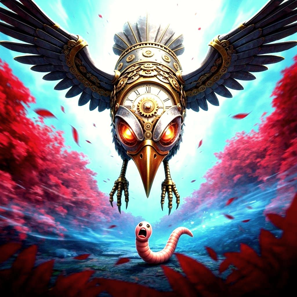 Giant Clockwork Bird Captures a Worm