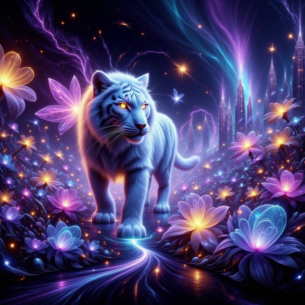 Cosmic Tiger in Bioluminescent Aurora Landscape