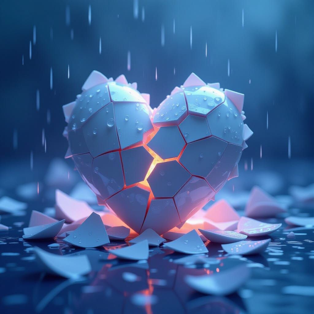 Shattered Porcelain Heart in Rain