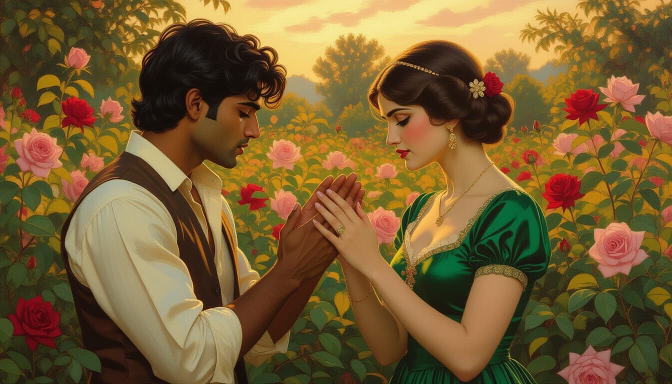 Romantic Drama: Man Pleads in Rose Garden at Golden Hour