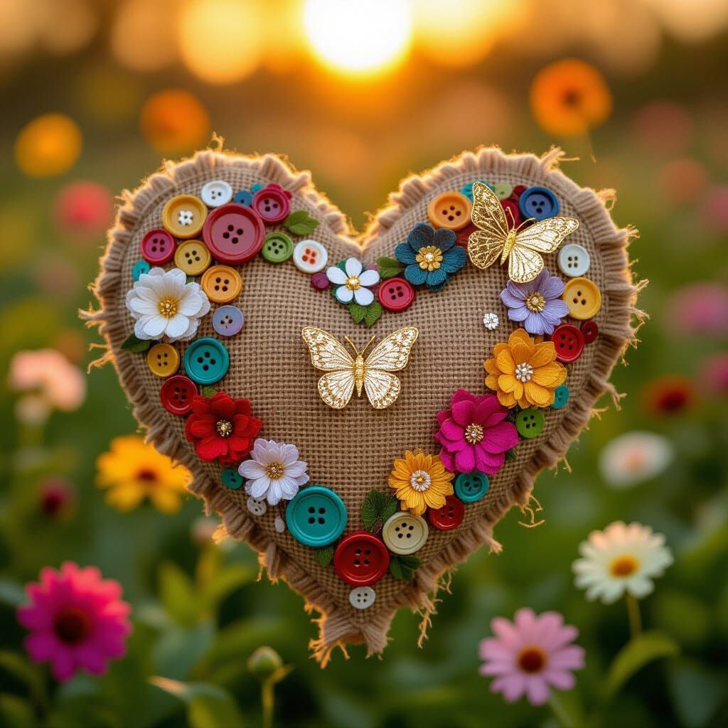 Rustic Burlap Heart with Butterflies in Golden Hour Light