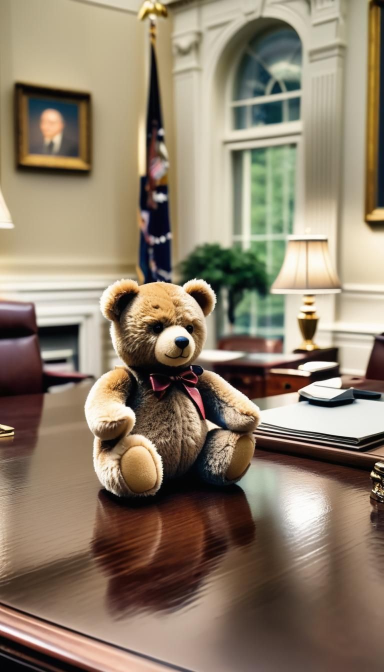 A Teeny tiny teddy bear sitting on the oval office desk in t...