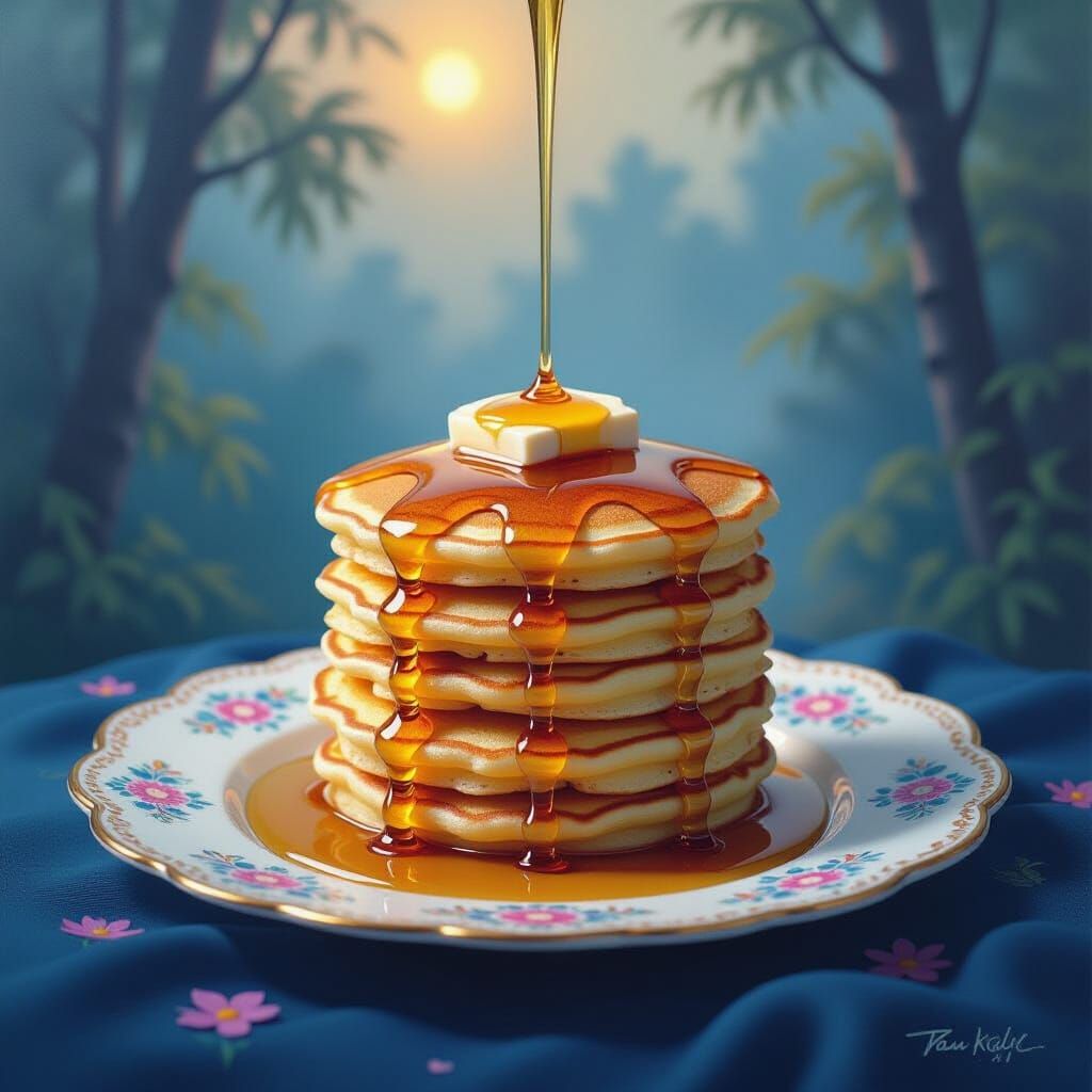 Fluffy Pancakes with Syrup: Mystical Oil Painting