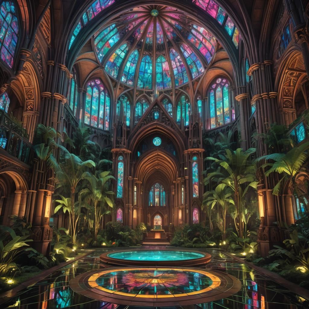 Cyberpunk Cathedral with Neon Lit Stained Glass
