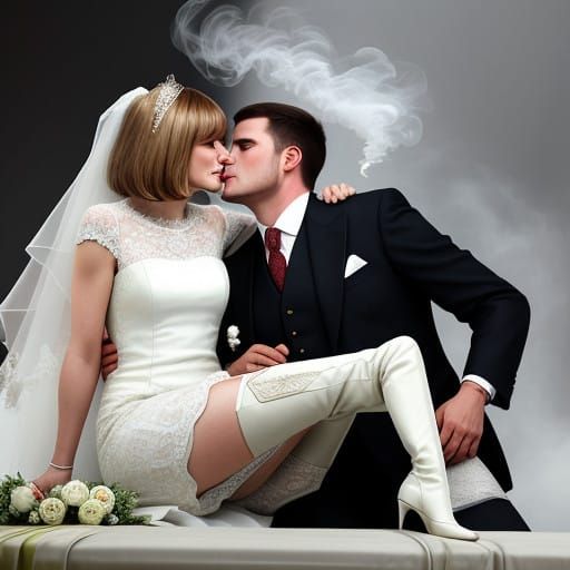 Fiona Bruce in a Wedding Dress Kissing a Man with a Cigar