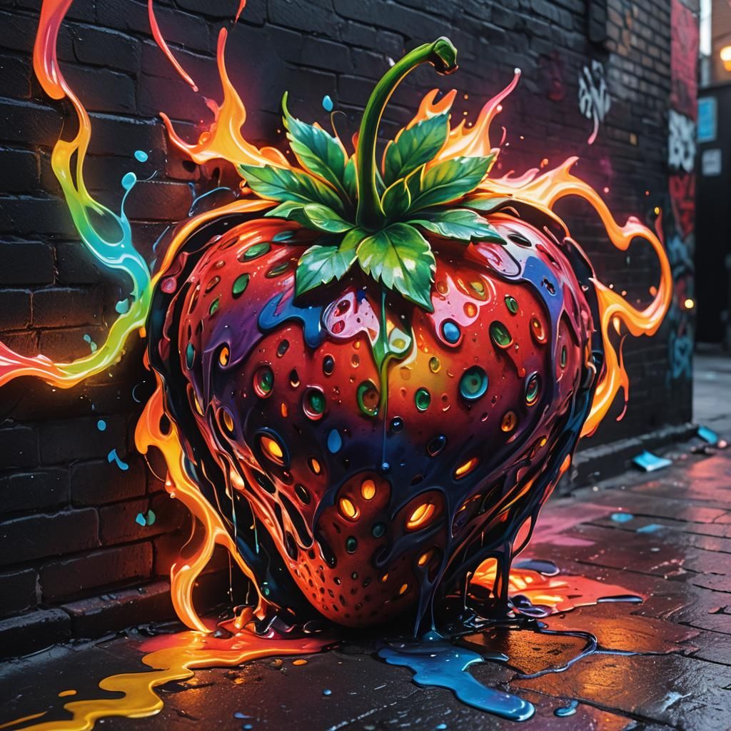 Glowing Strawberry Street Art in Graffiti Style
