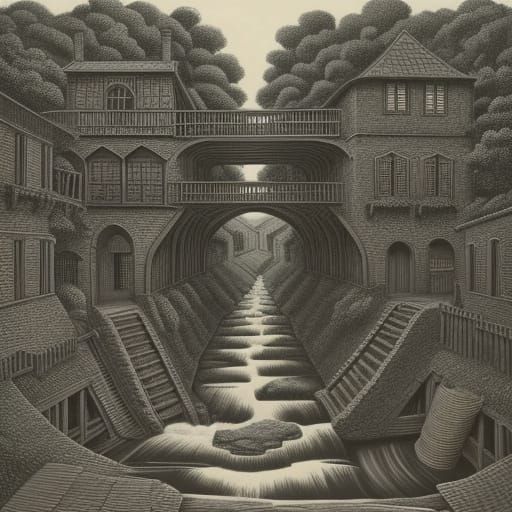 Pencil sketch in the style of Escher