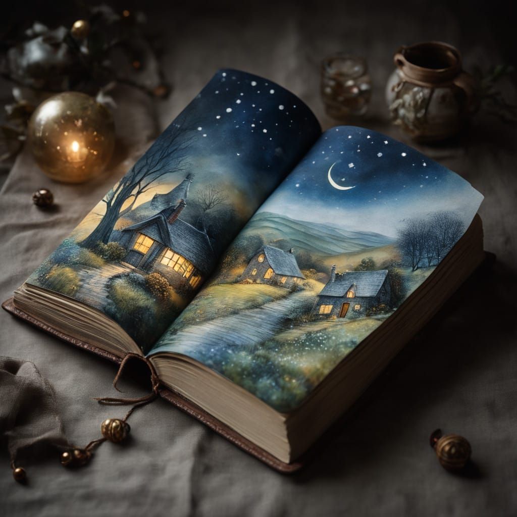 Whimsical Winter Scene in Folk-Art Style