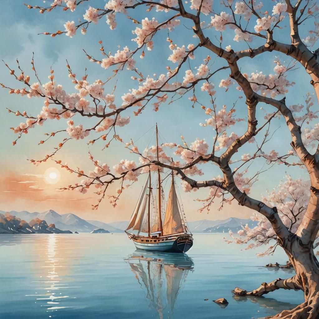 Sailboat and Cherry Tree: Dreamy Surrealism in Watercolor