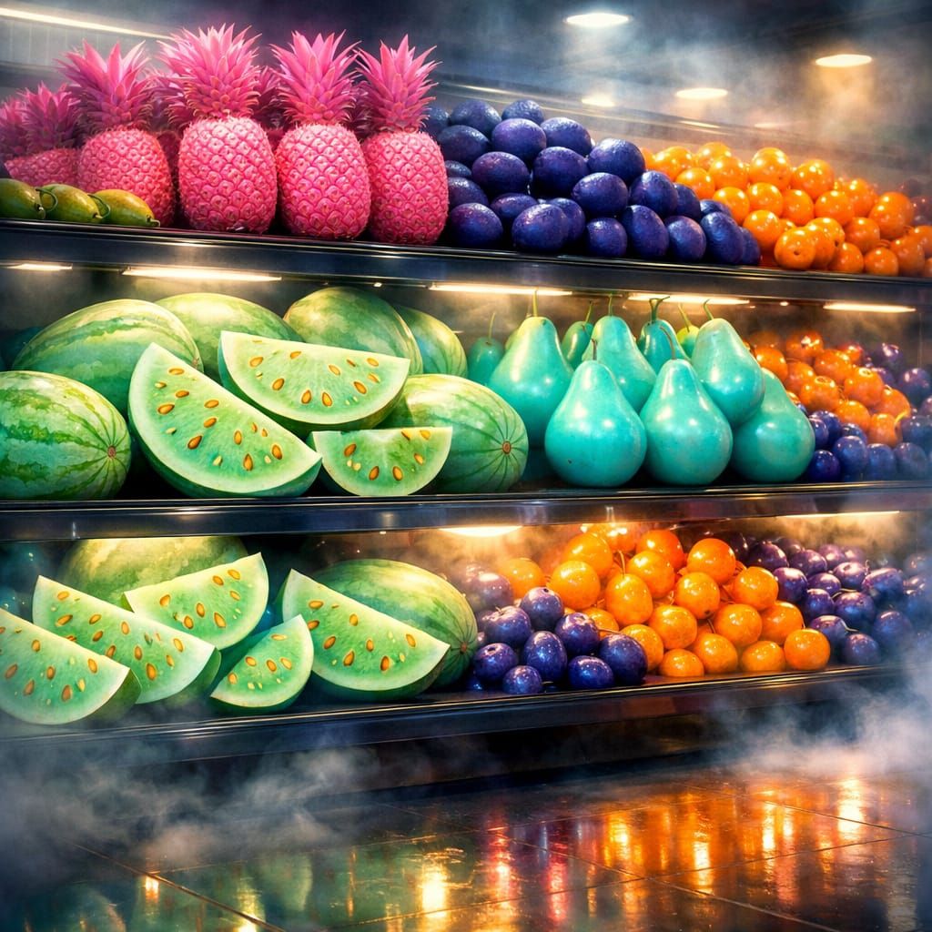 Surreal Fruit Shelf with Impossible Neon Colors