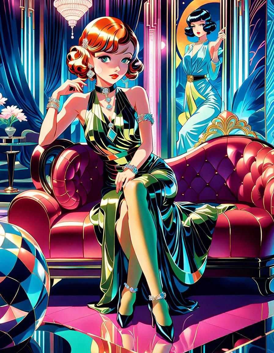 Luxurious 20s Style Pin-Up Girl in a Vibrant Art Deco Settin...