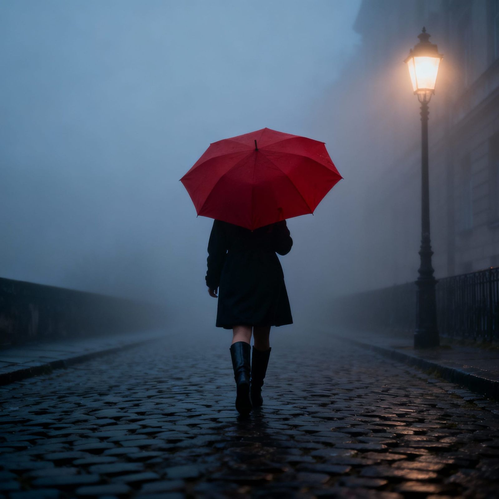 Woman with Red Umbrella on Misty Cobbled Street