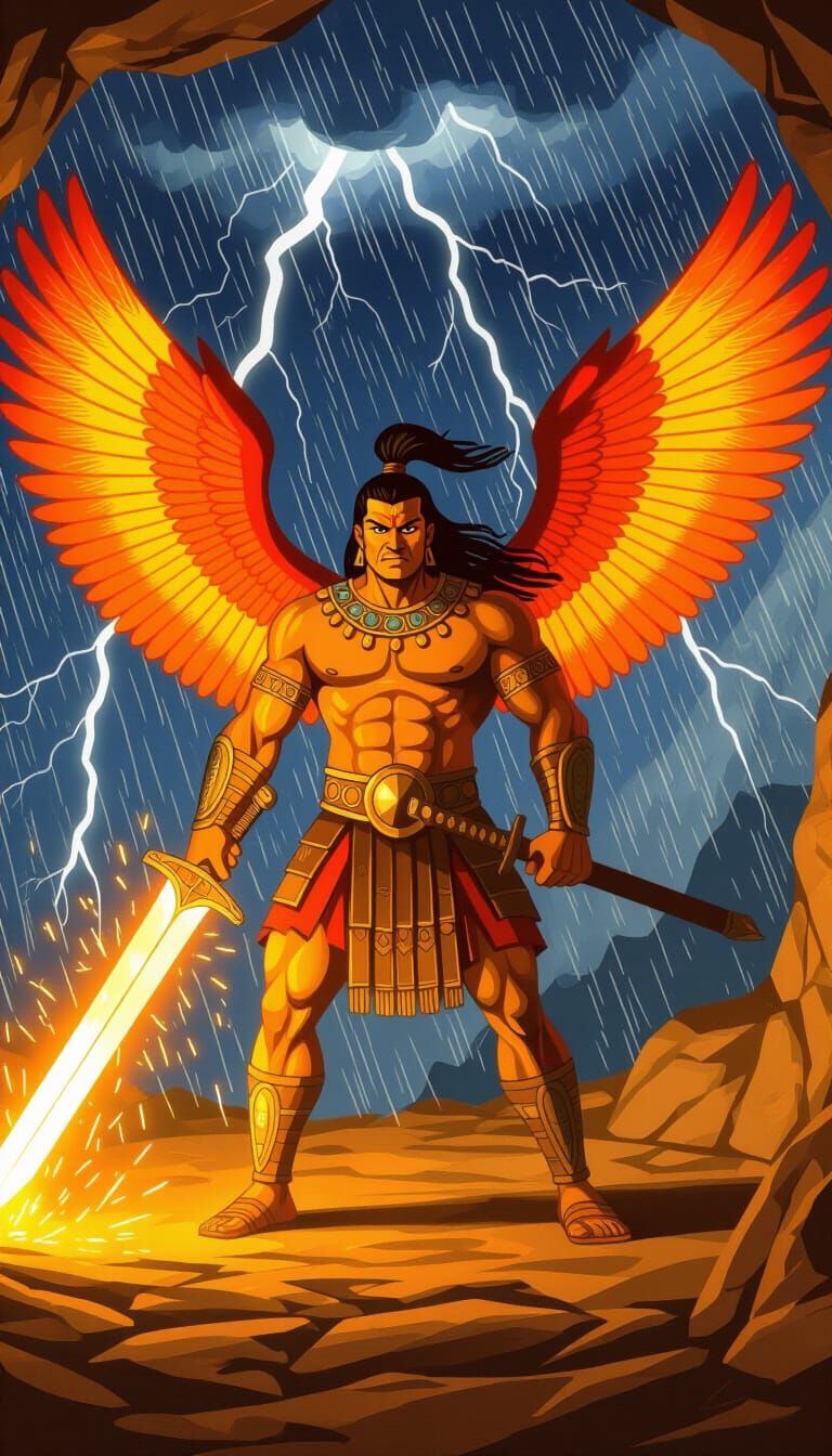 Cave Painting of Winged Warrior with Fiery Sunray Wings