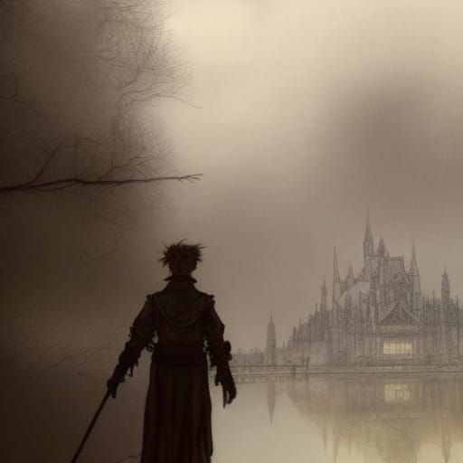 Young Man's Journey in Arthur Rackham Style