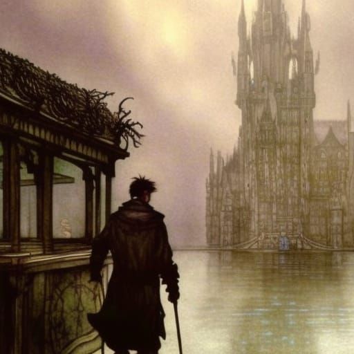 Young Man's Journey in Arthur Rackham Style