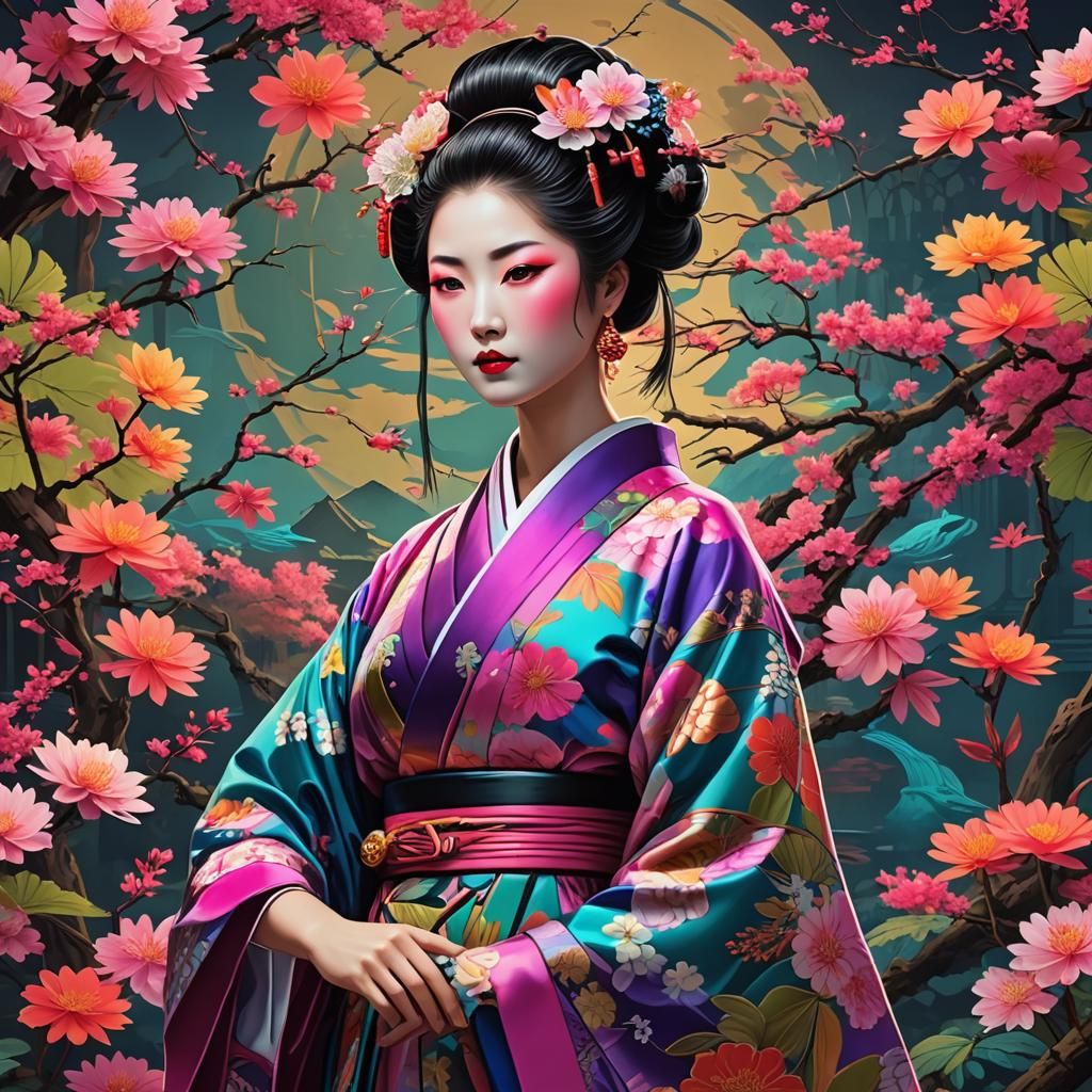 Neon Synthwave Geisha in Feudal Japan