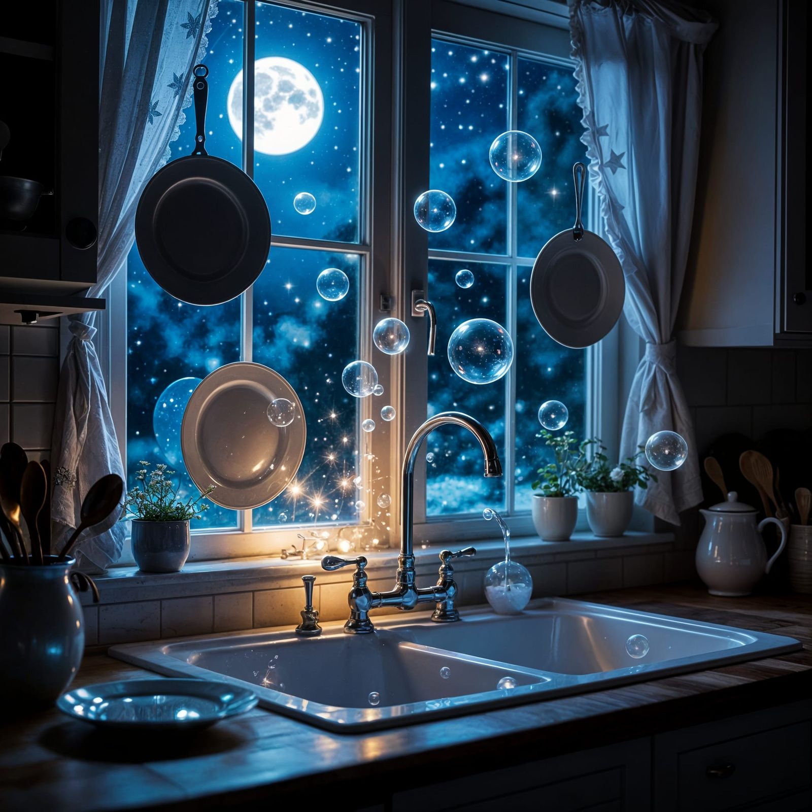 Magical Kitchen at Night with Floating Objects and Starlight...