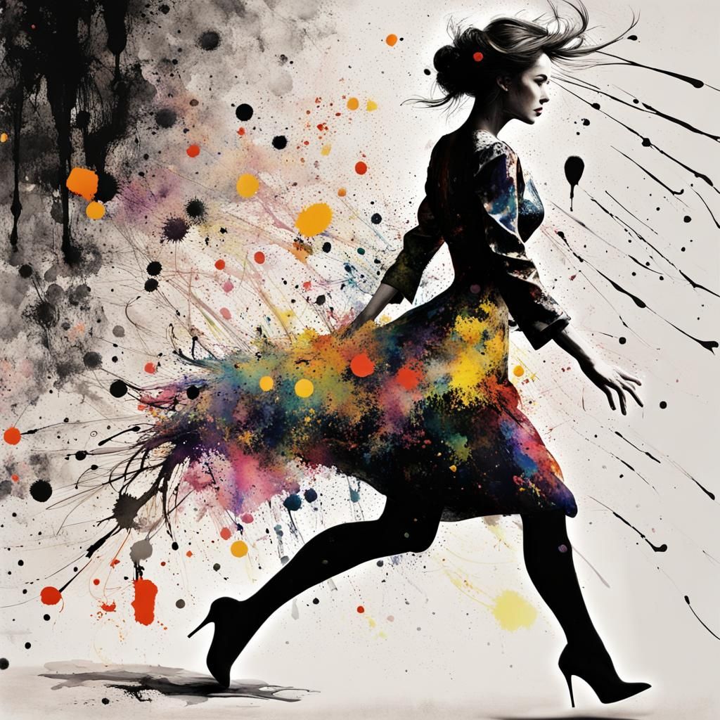 Ink Splatter Woman in Synthwave Neon Retro Style