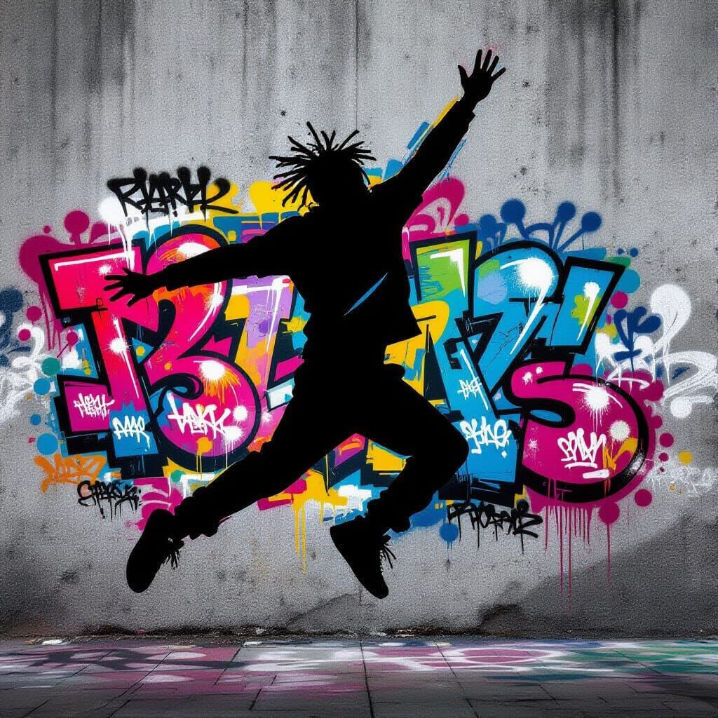 Dynamic Jump Silhouette with Vibrant Balloon Brushstrokes