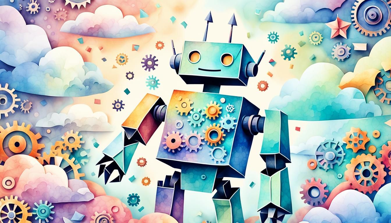 Smiling Origami Robot in Dreamy Paper Art Style