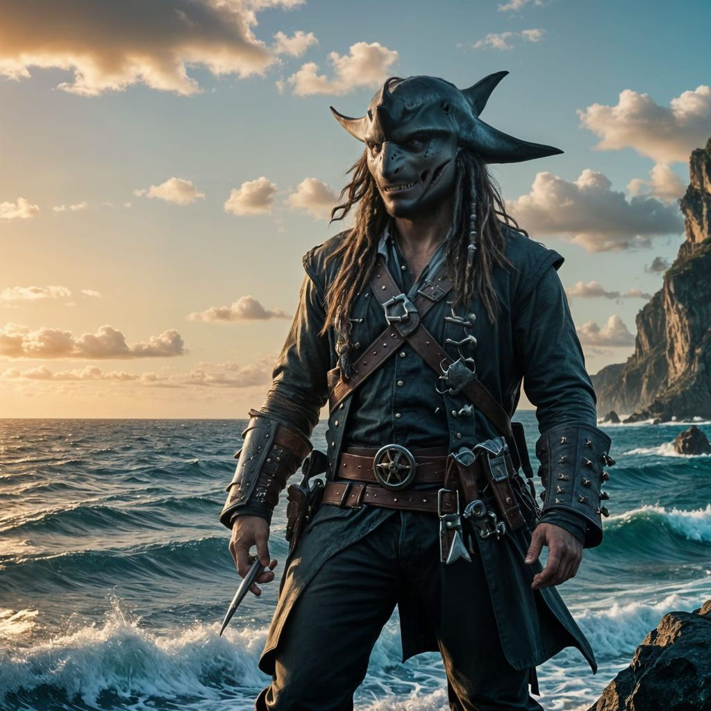 Surreal Sharkfolk Pirate Emerges from Epic Coastal Landscape