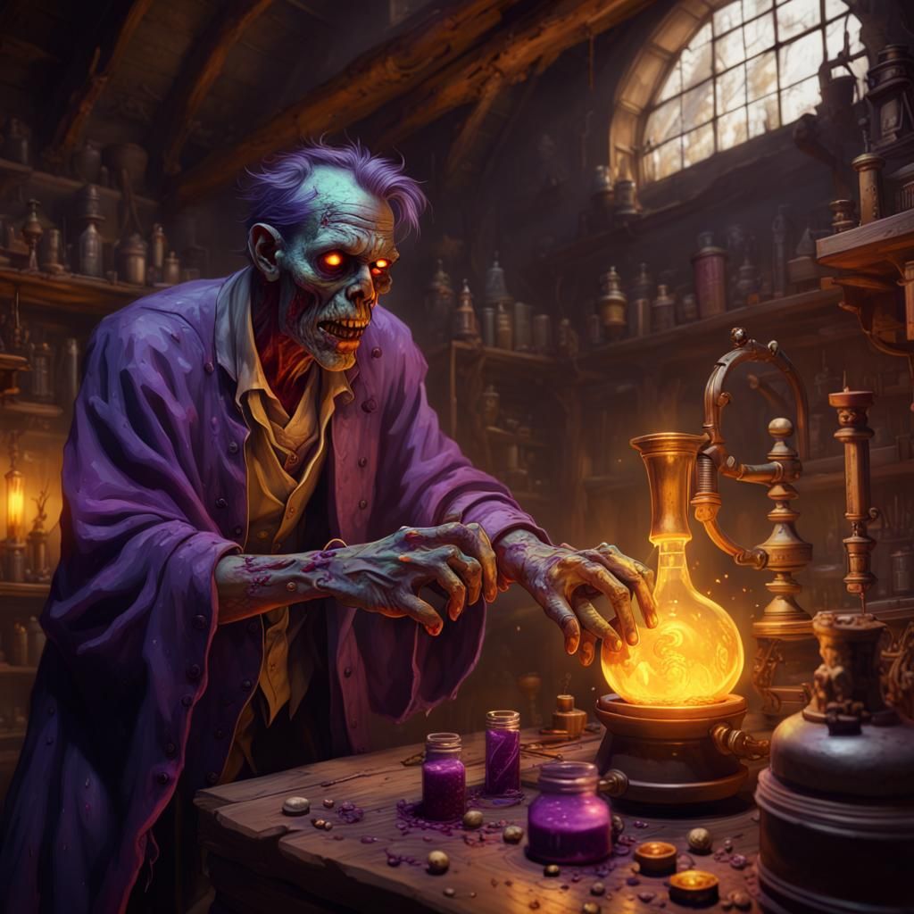 Zombie Alchemist in Trap House: Dark Fantasy Art