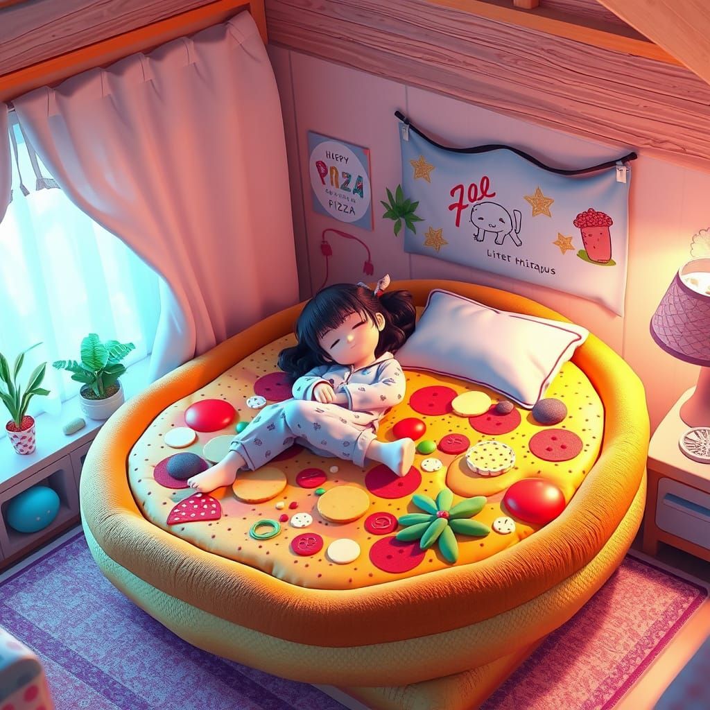 Girl Sleeps on Pizza Bed in 3D Anime Style
