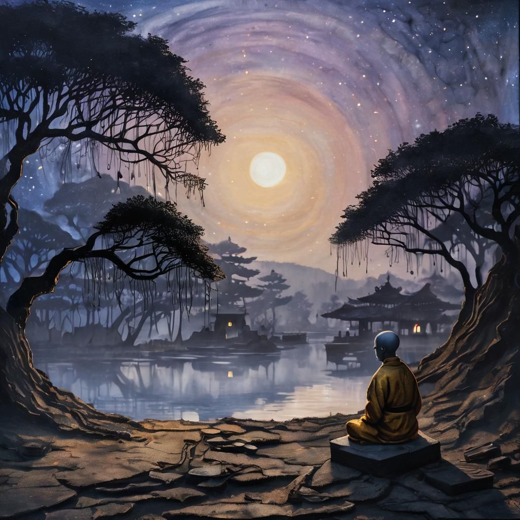 Meditating Monk in Japanese Bonsai Village