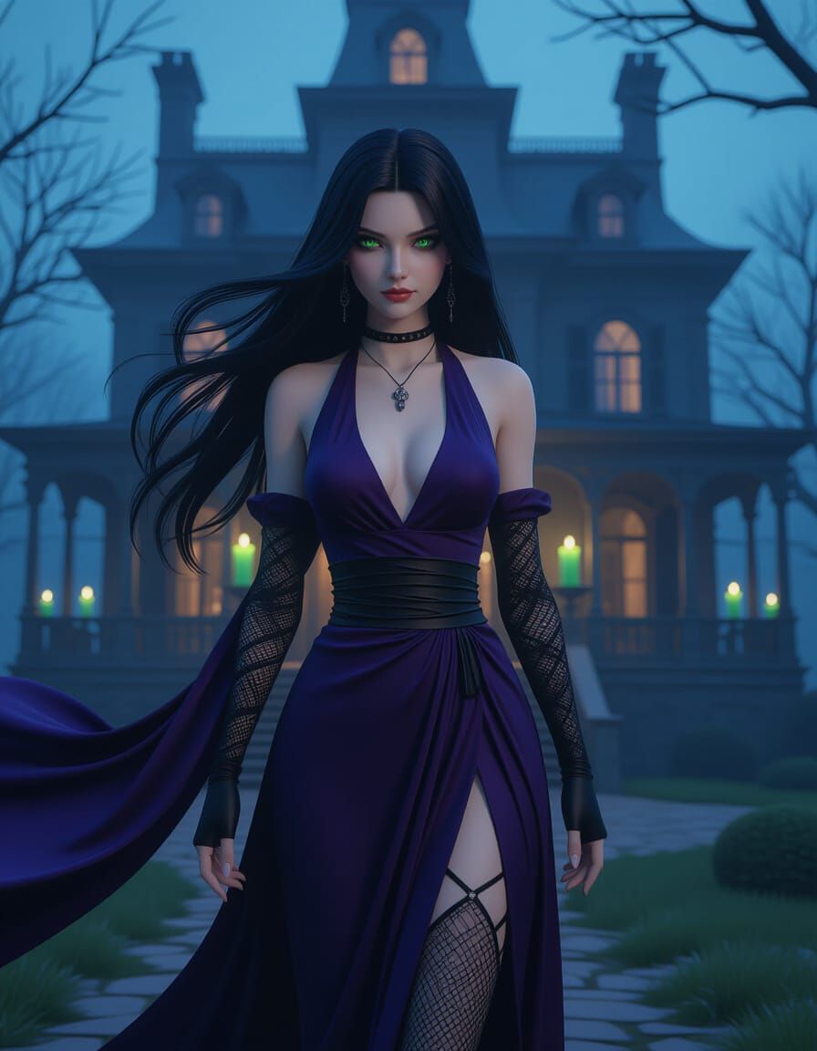 Witch in Purple Dress Before Haunted Mansion
