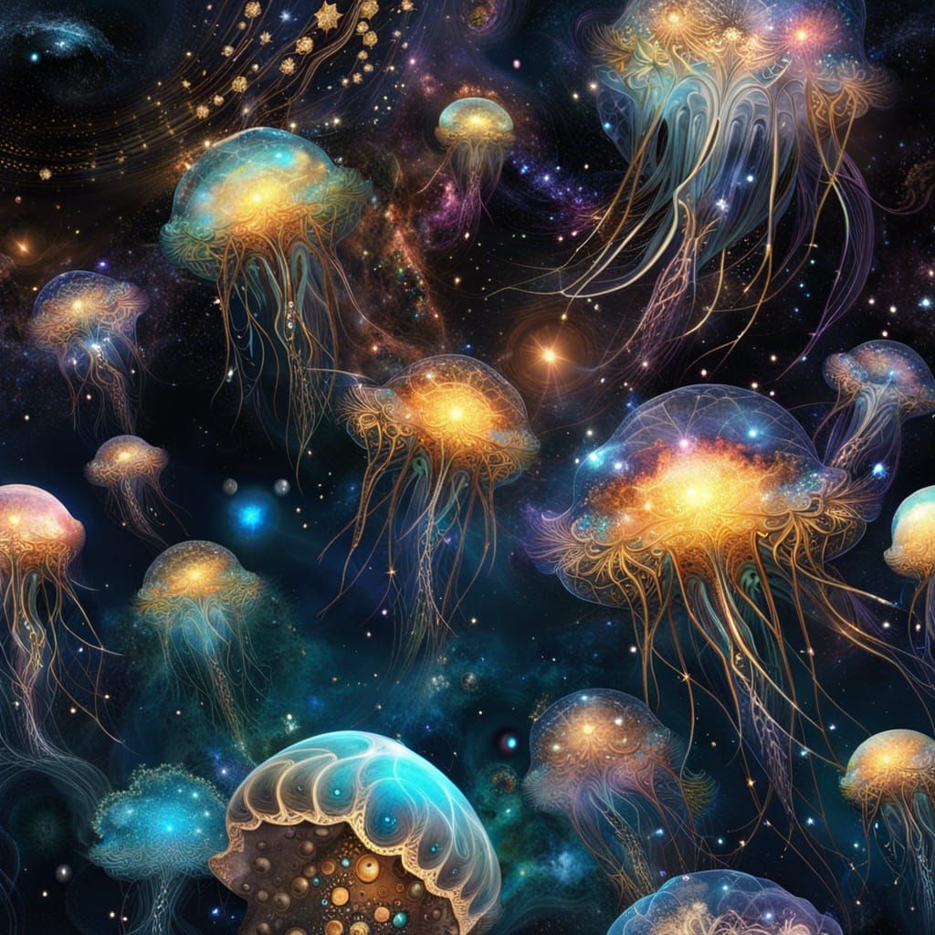 Bioluminescent Space Jellyfish in Fractal Galaxy
