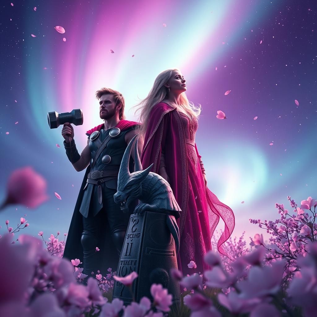 Thor and Daenerys in Synthwave Cherry Blossom Field