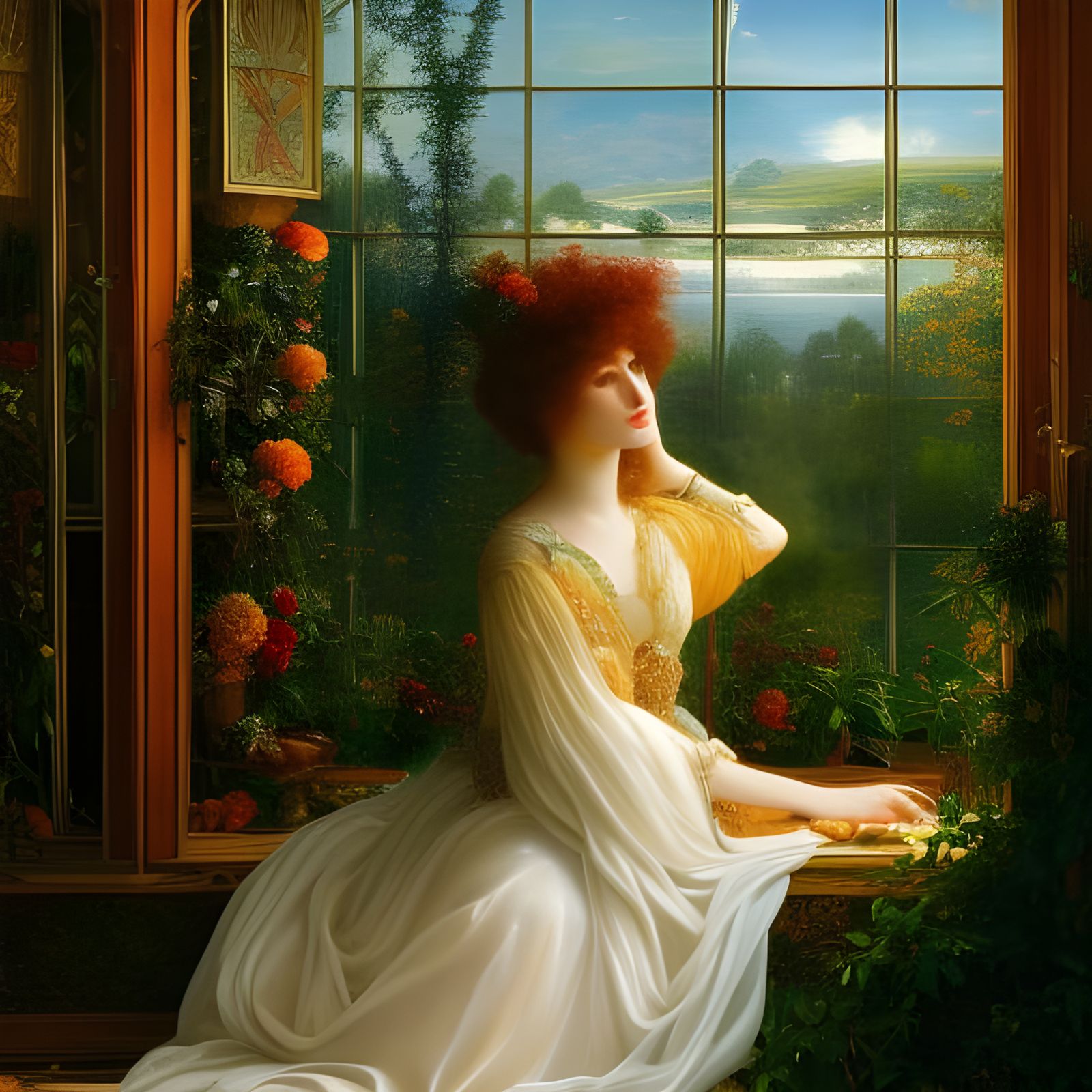 Elegant Woman in Pre-Raphaelite Botanical Art