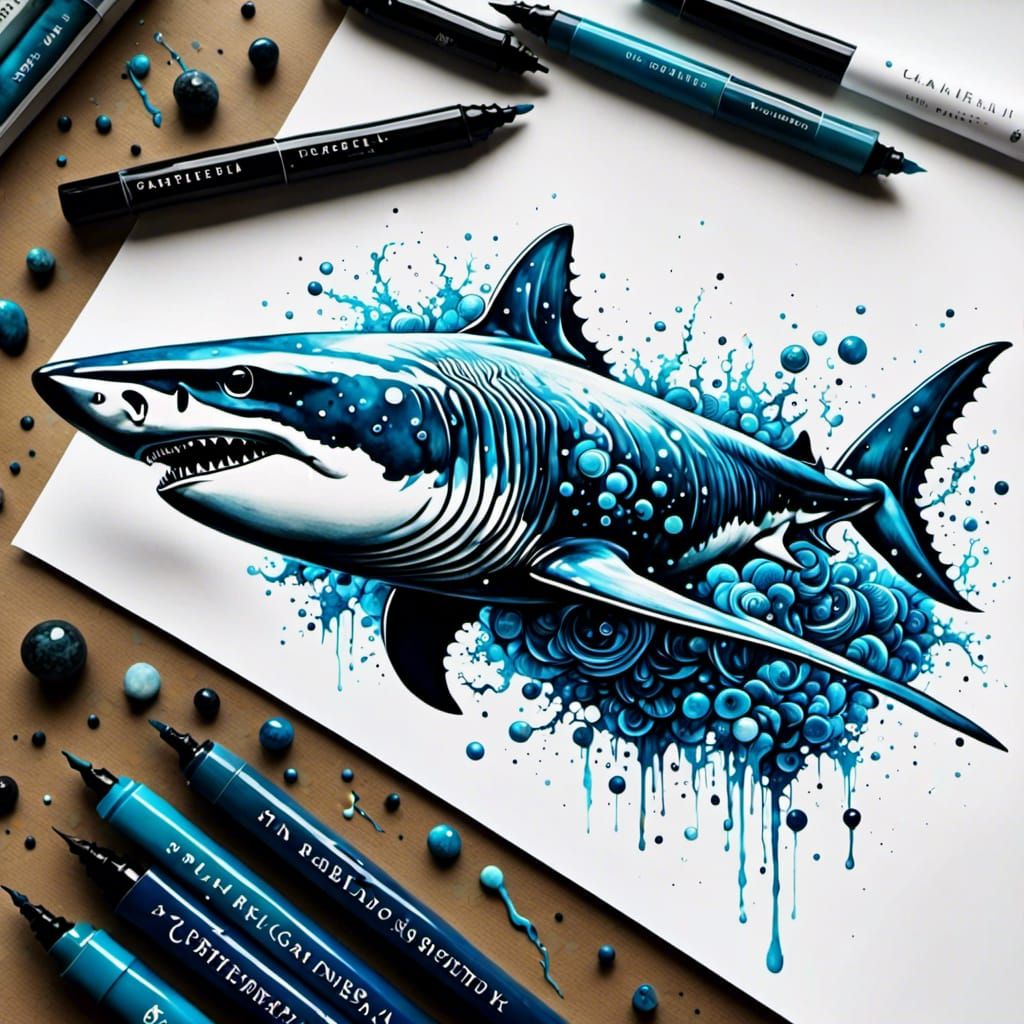Detailed Blue Ink Shark in Quantum Style