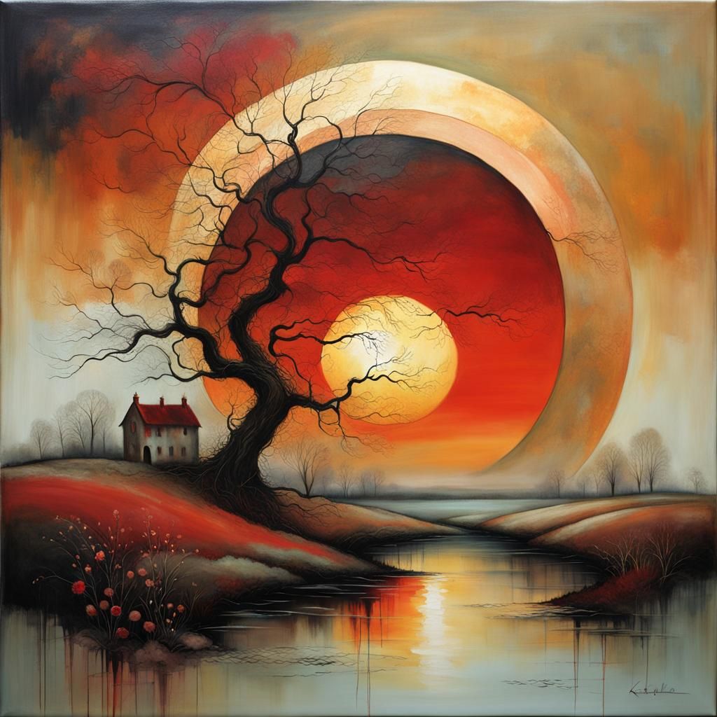 Copper red sun, dawn ignites the horizon, autumn