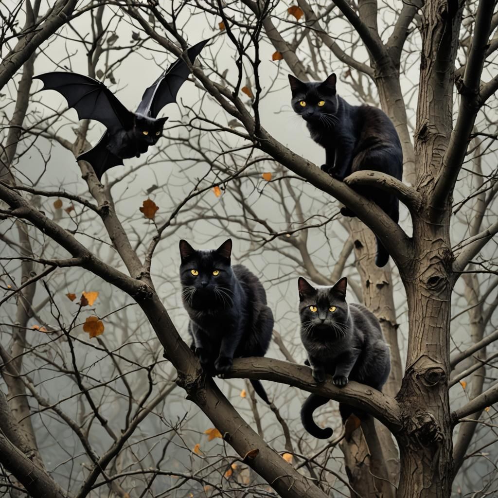Winged Cats in a Dark Tree: Fantasy Image