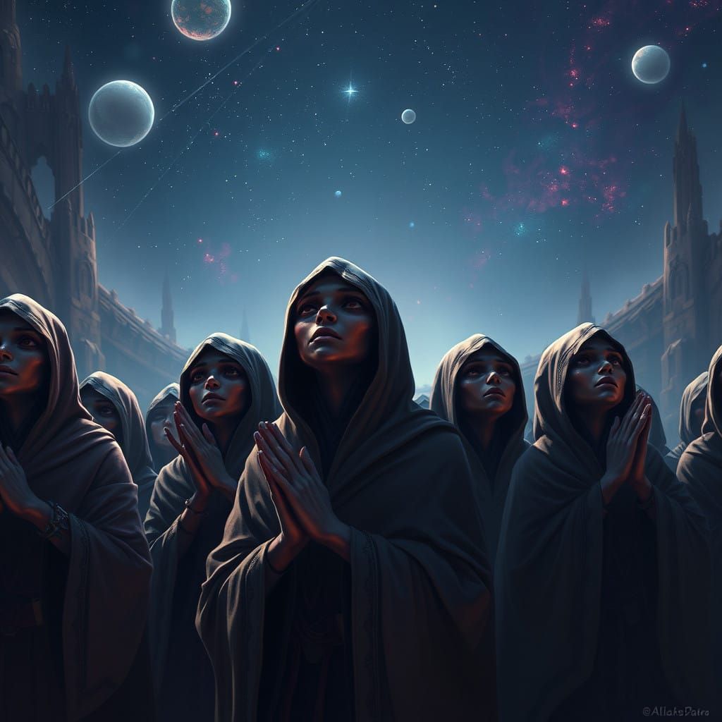 Alien Goddesses Worship Under Starry Skies in a Fantastical...